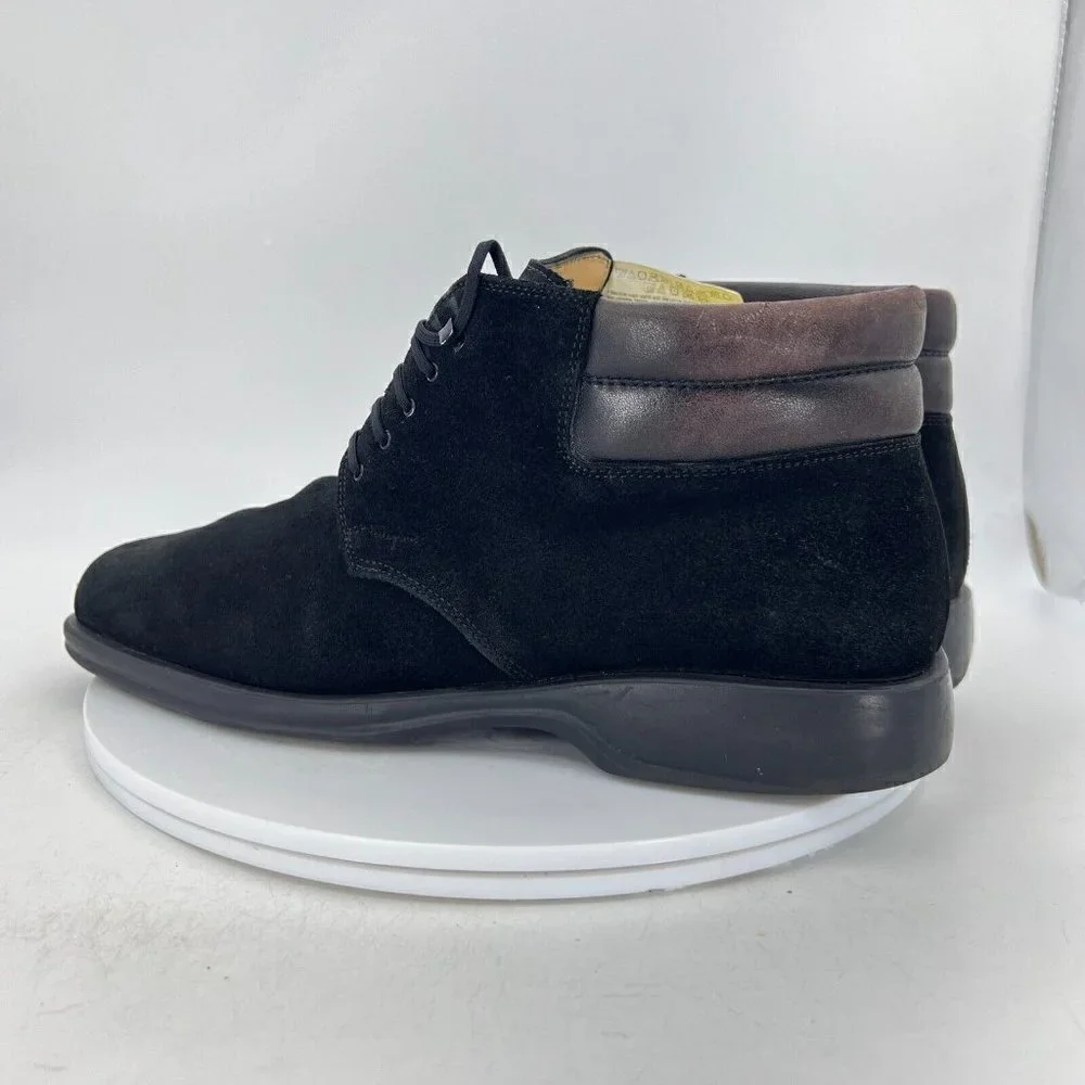 Salvatore Ferragamo Men Size 10D Black Suede Brown Leather Lace Up Ankle Boot